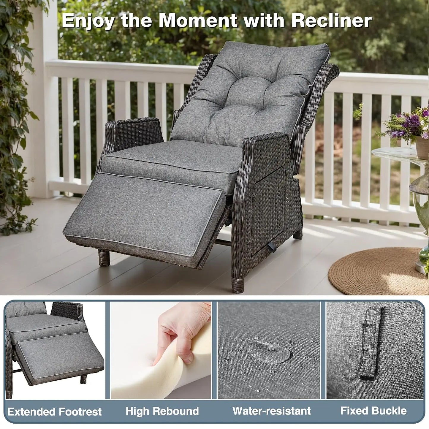 Outdoor Indoor Wicker Recliner with Adjustable Back and Footrest, Patio Reclining Chair with Flip-up Table, Outdoor, Custom