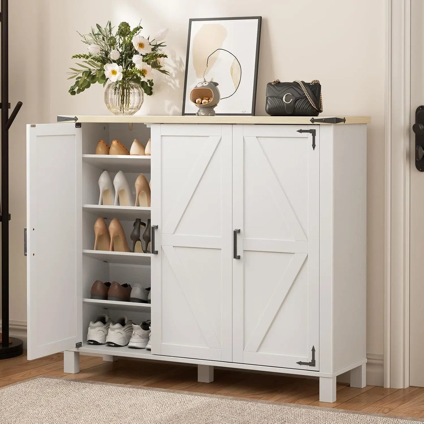 5-Tier Shoe Storage Cabinet, Farmhouse Shoe Rack Organizer Cabinet with 4 Adjustable Shelves & Side Cabinets,, Custom
