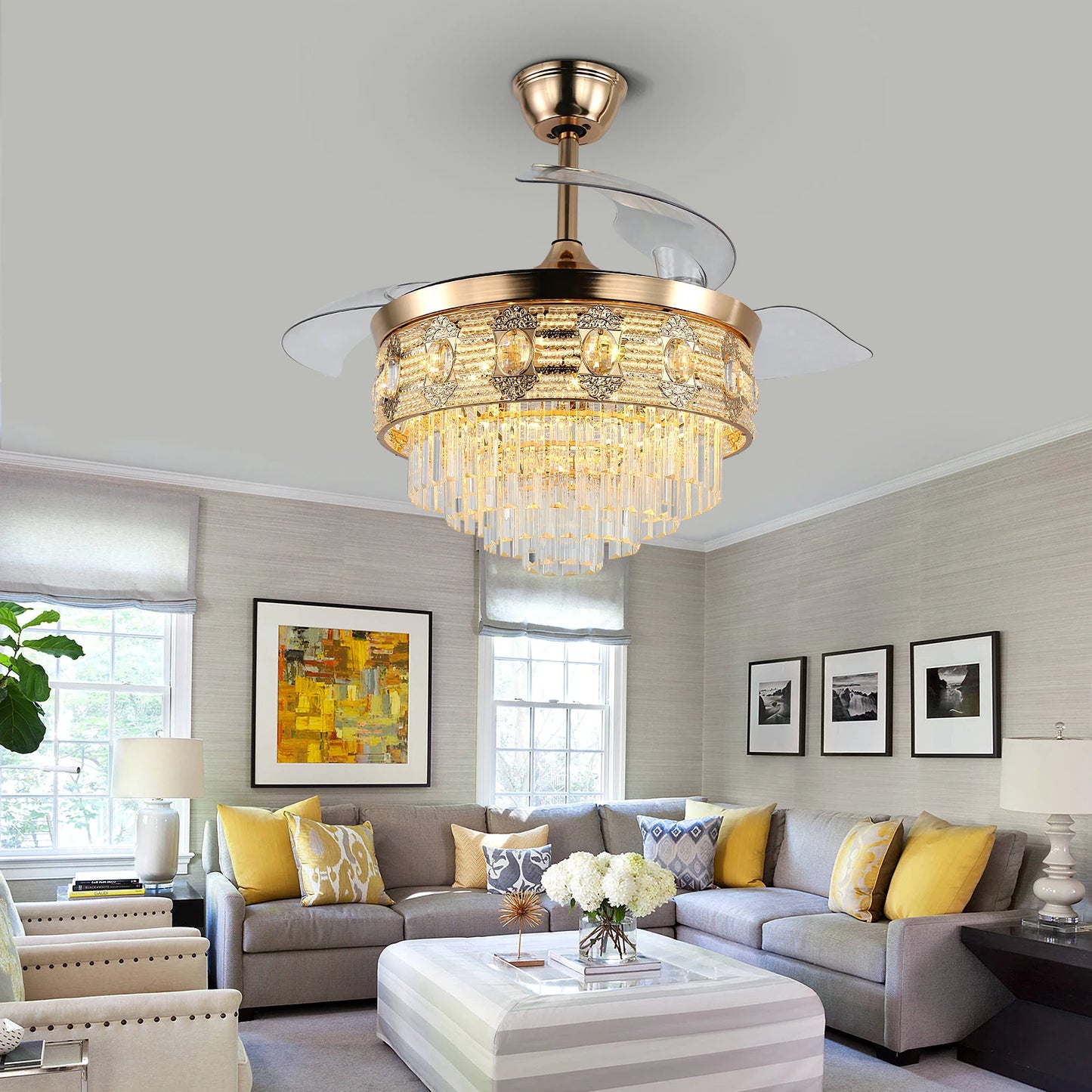 GreeLustr Modern Smart Ceiling Fan Chandelier Gold RC Adjustable 6 Speed Pendant Light Luminaire Bedroom 3 Heads Led Fandelier