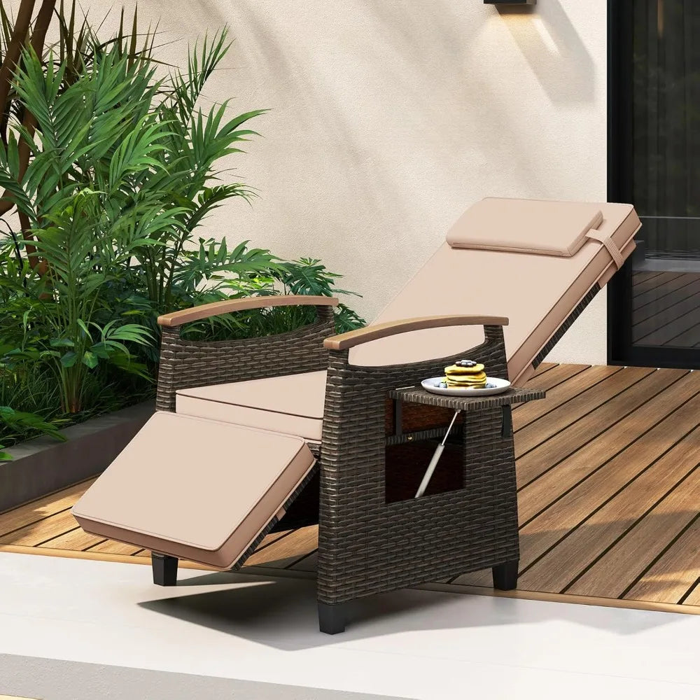 Patio Wicker Recliner Chair, Rattan Lounge Chair w/Adjustable Backrest & Footrest, Flip Side Table, Push Back, Custom