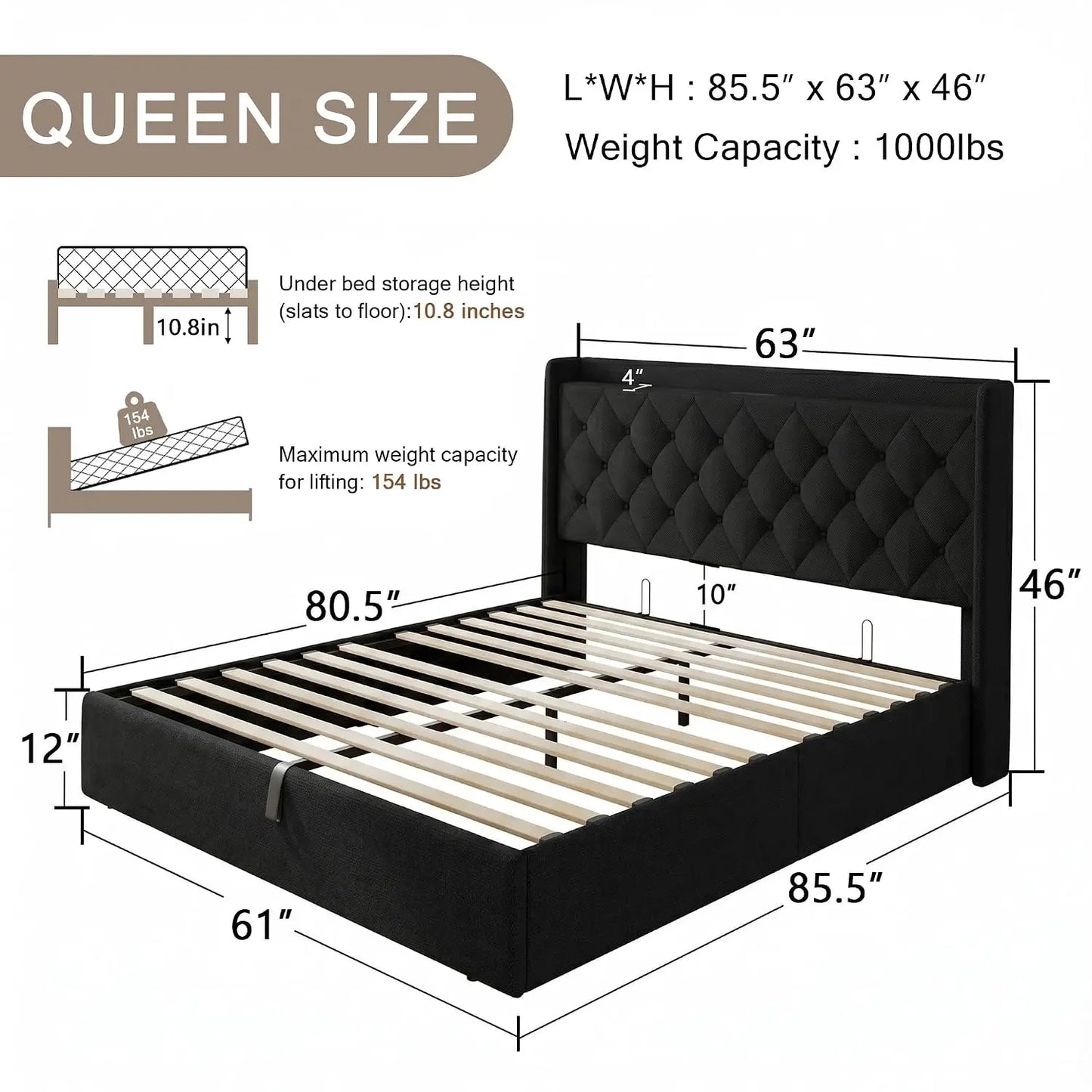 Queen Lift Up Storage Bed Frame with Headboard, Upholstered Bed Frame with Charging Station, No Box Spring Needed,, Custom