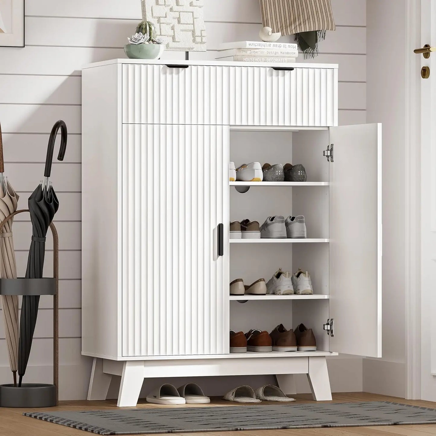 Shoe Cabinet Storage for Entryway with Doors, 4 Tier Fluted Shoe Organizer with 2 Drawers, Entryway Shoe Storage with, Custom