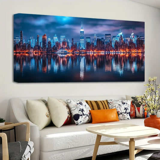 1.5 inch thick pine solid wood frame, New York night scene painting, reflections of tall buildings, interior decoration