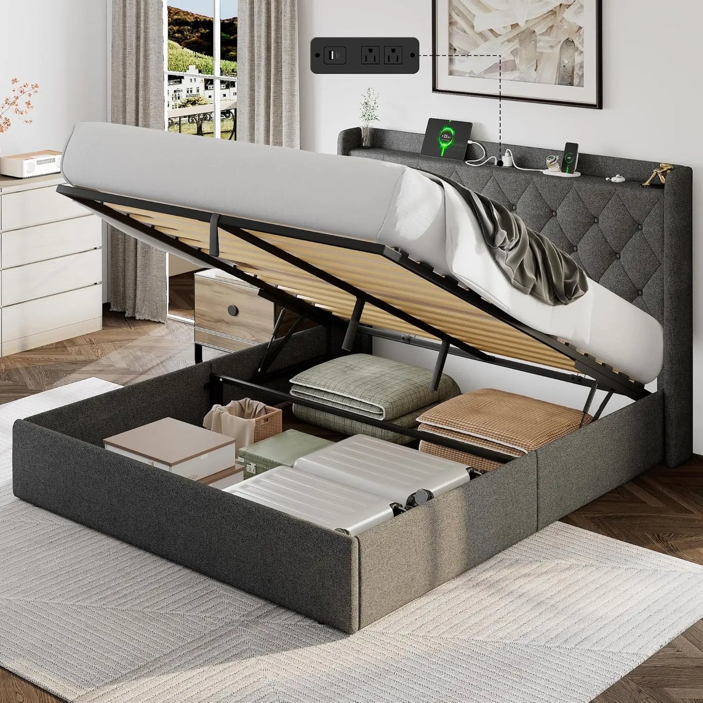 Queen Lift Up Storage Bed Frame with Headboard, Upholstered Bed Frame with Charging Station, No Box Spring Needed,, Custom