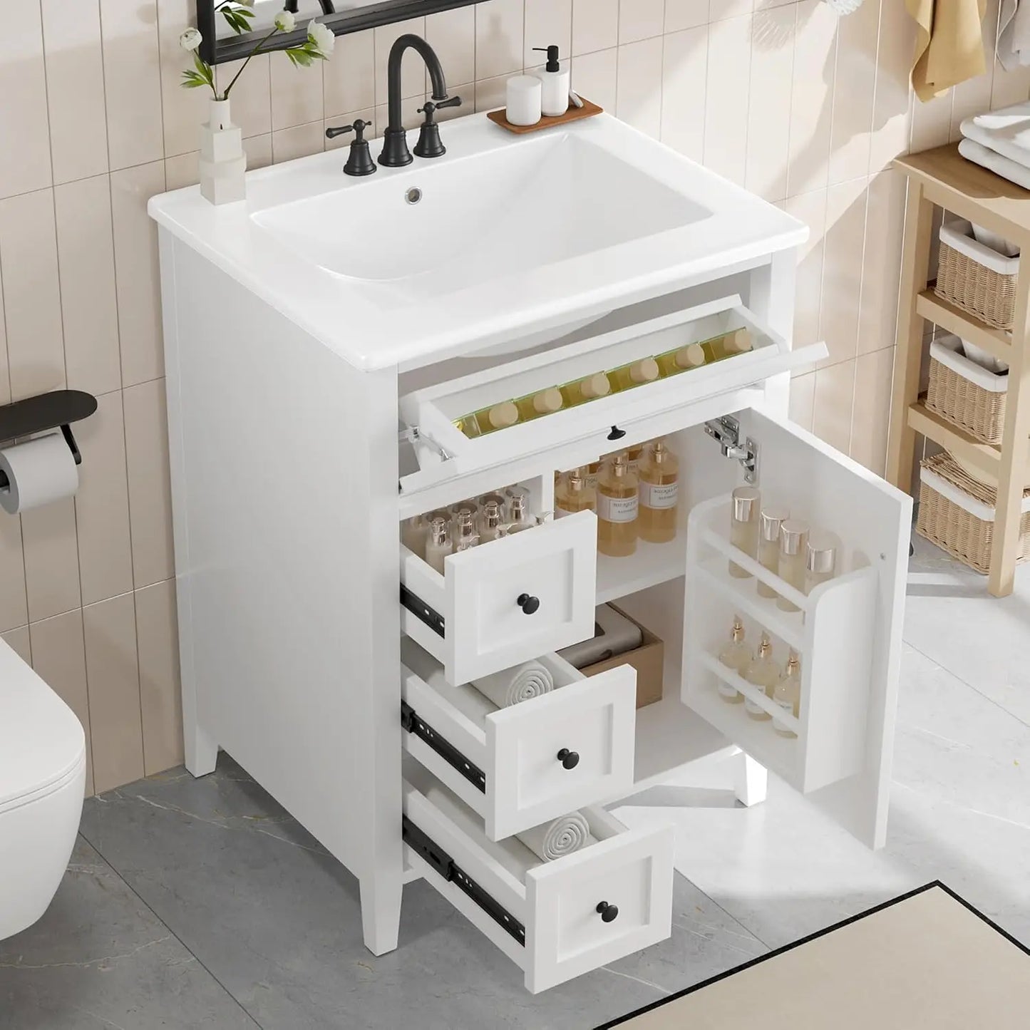 24" Bathroom Vanity with Sink Combo Set, Bathroom Cabinet with 3 Drawers and a Tip-Out Drawer, Adjustable Shelves, Soft, Custom