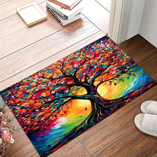 Colorful Abstract Tree Flannel Rug Soft Floor Mat Home Decor