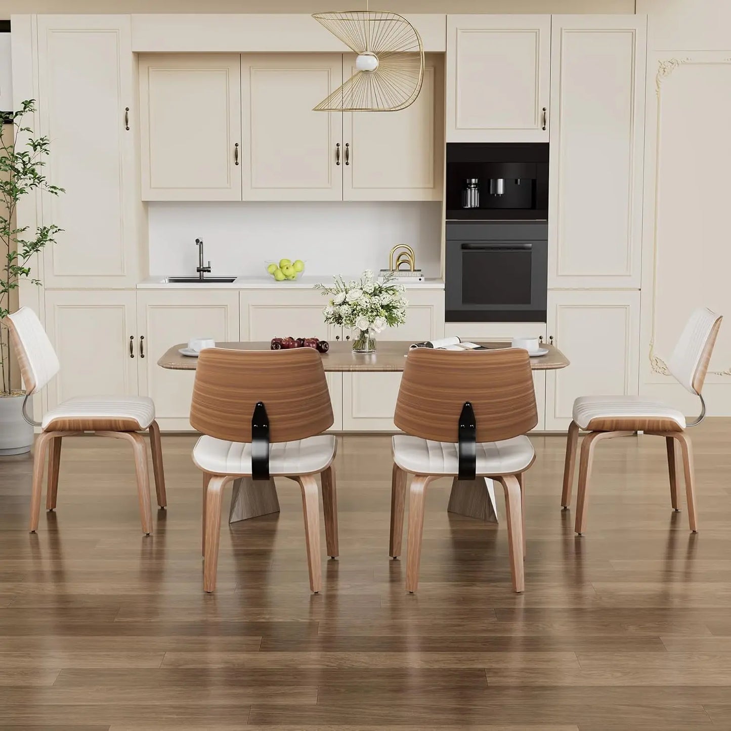 Mid Century Upholstered Faux Leather Dining Chairs Set 2 Ergonomic Curved Walnut Bentwood Back Kitchen Living Room, Custom