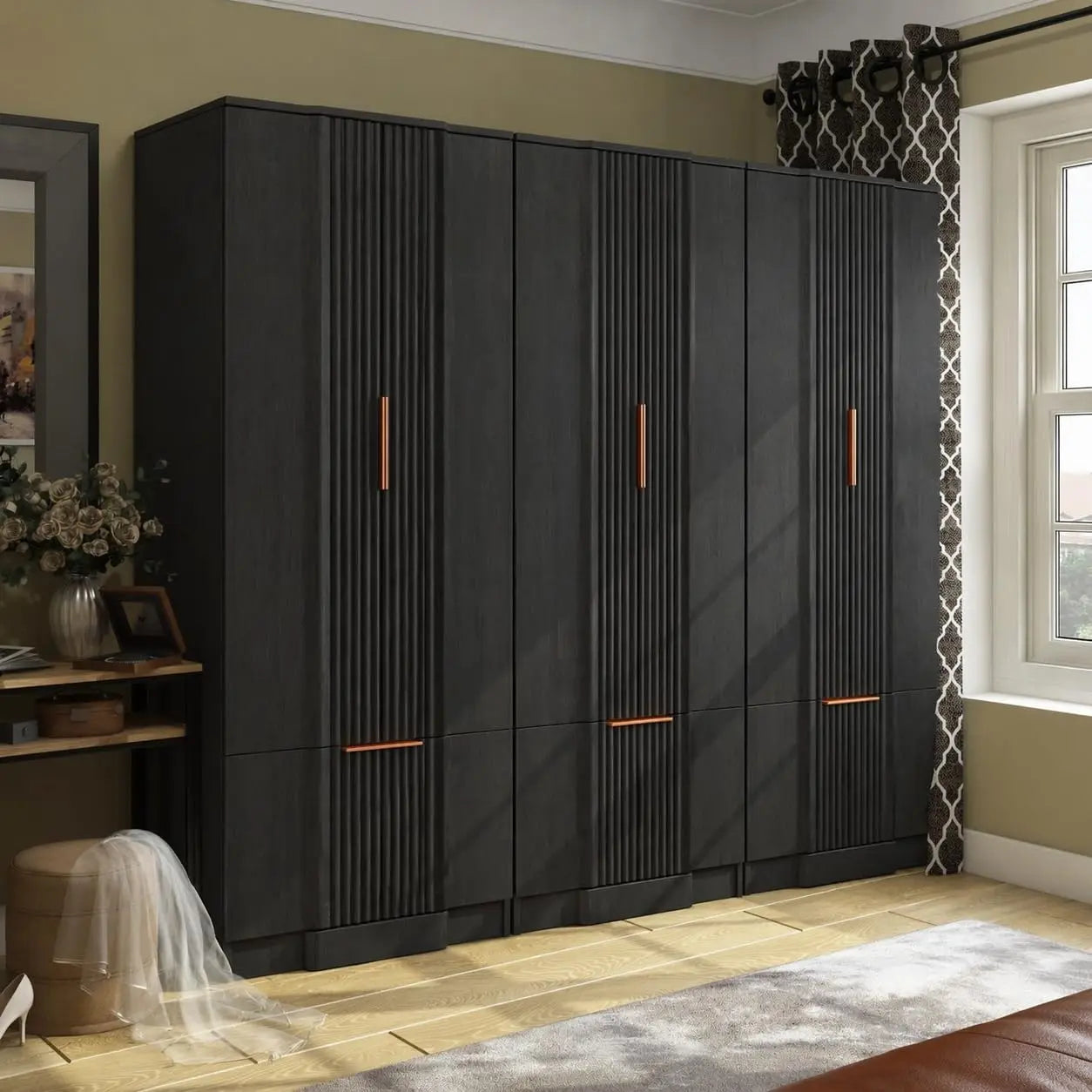 67" Fluted Armoire Wardrobe Closet with Drawers and Doors, Wooden Wardrobe Cabinet with Adjustable Shelves, Modern, Custom
