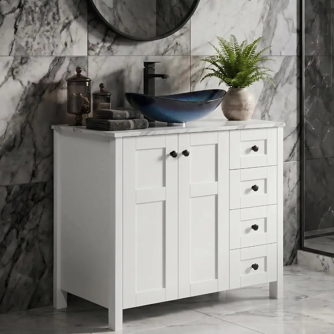 32 Inches White Bathroom Vanity with Marble Texture Top and 4 Drawers, with Marble Boat Ceramic Sink, Custom