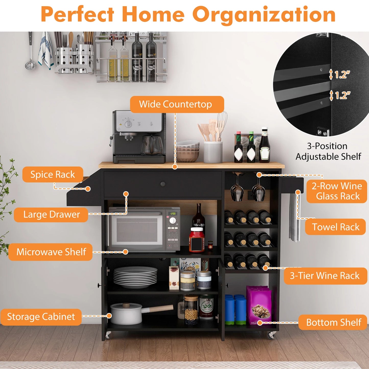 Kitchen Island Cart w/ Drop-Leaf & Power Outlet Microwave Shelf Wine Rack Drawer