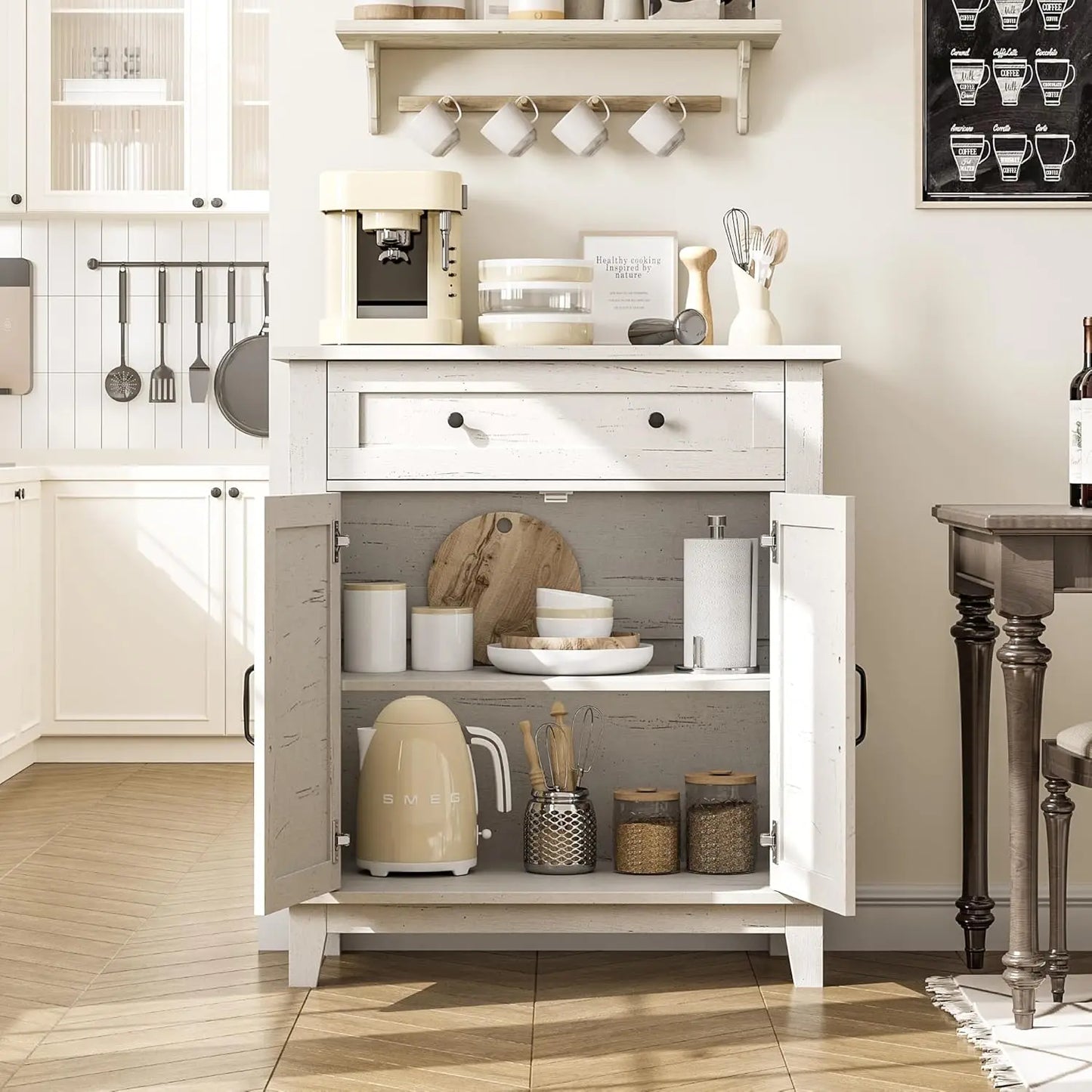Farmhouse Storage Cabine 3-Tiers Adjustable Shelf, Rustic Kitchen & Dining Room Organizer, Multi-Functional Entryway Cabinet