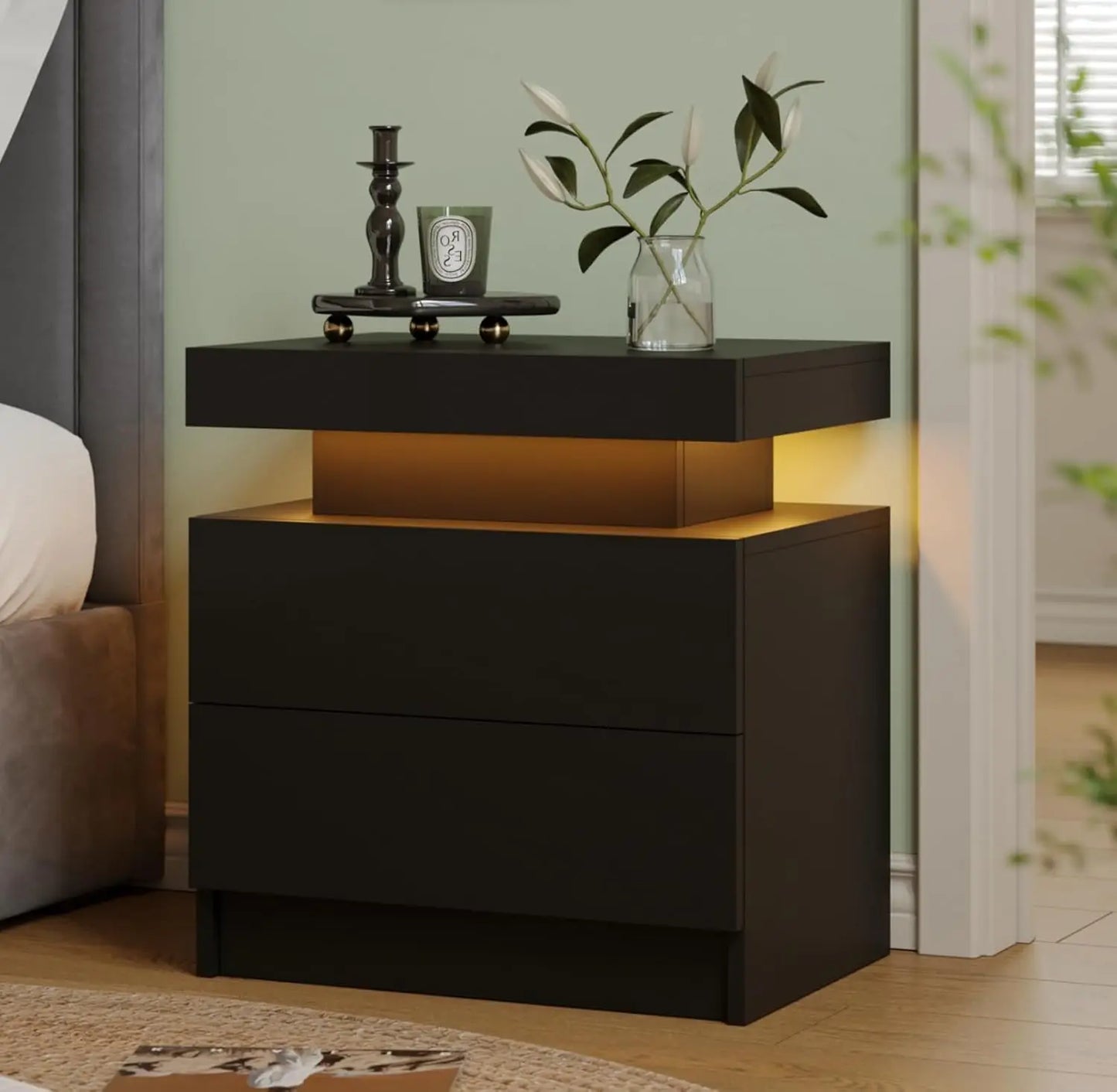White LED Nightstand With Two Wood Drawers Bedside Table