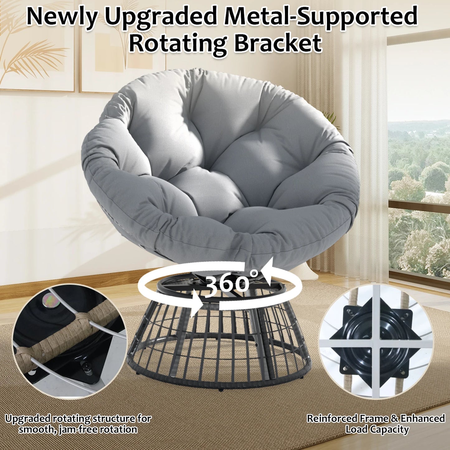 Swivel Papasan Chair, Outdoor Wicker Patio Lounge Chair with Thick Cushion, All-Weather Rattan Accent Chair for Backyard Porch Garden