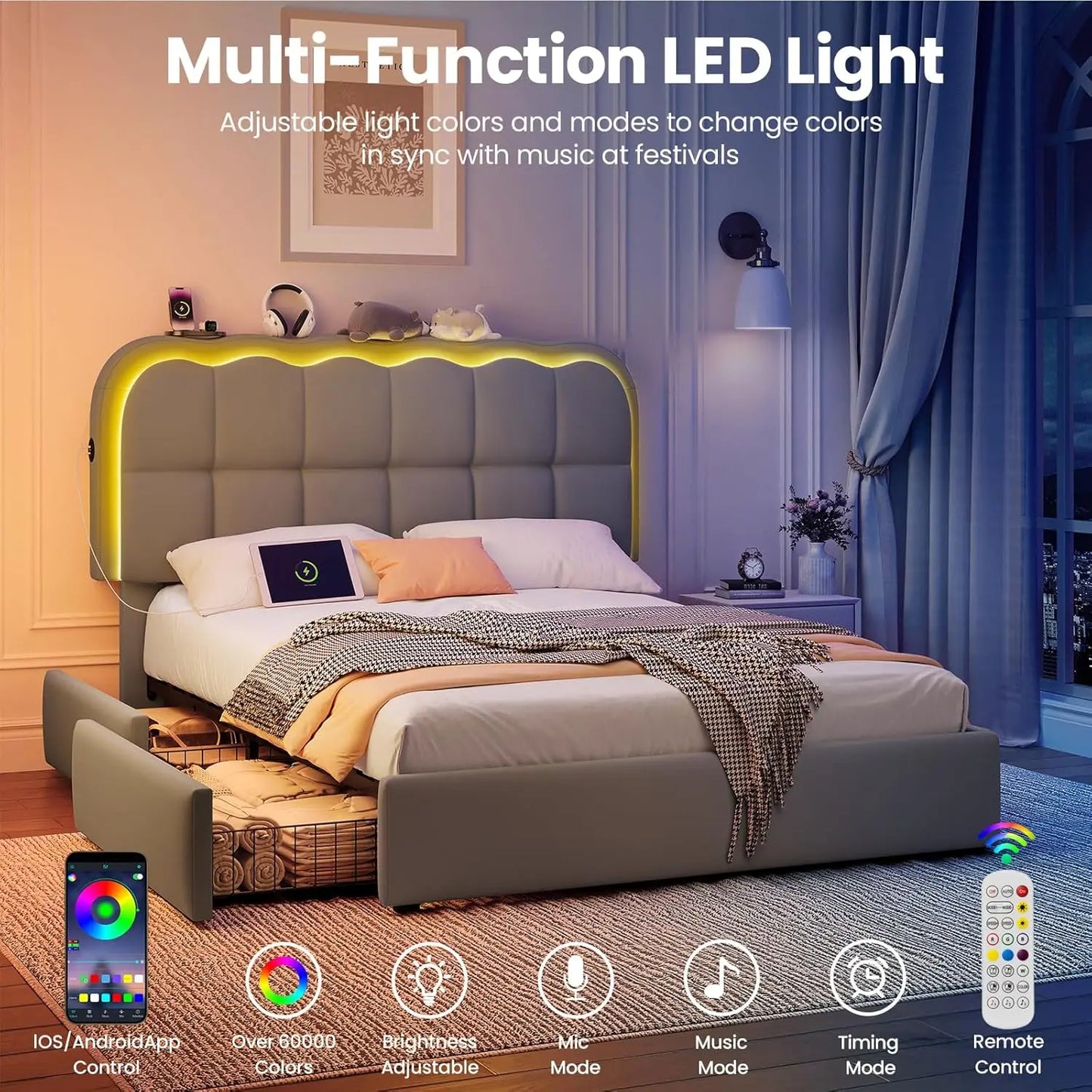 Full Upholstered Platform Bed LED Lights 4 Drawers Charging Station Adjustable Headboard Wood Slats No Box Spring , Custom