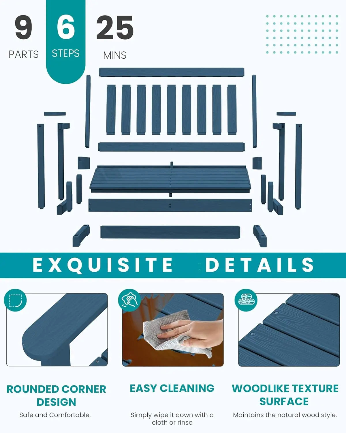 Heavy Duty HDPE Glider Bench All Weather Swinging Seat Porch Garden 660LBS Capacity Deep Navy, Custom