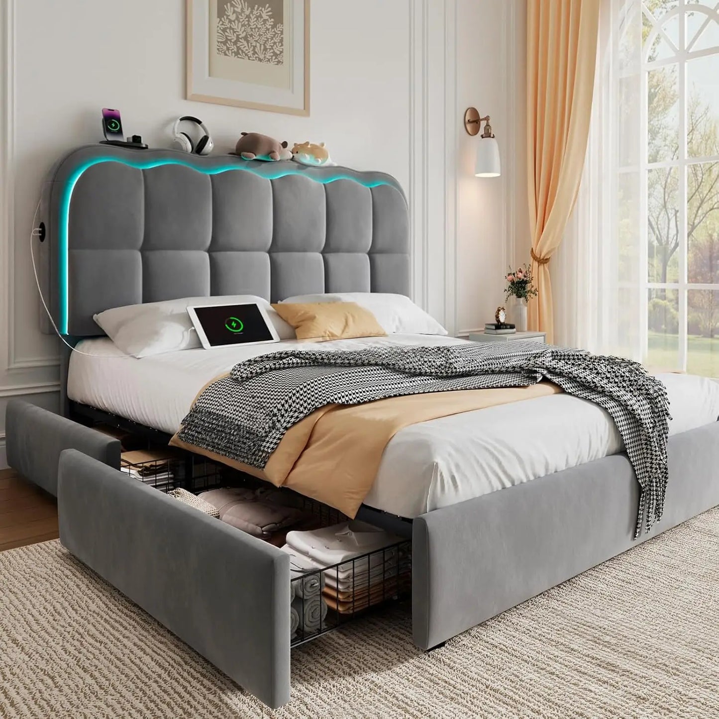 Full Upholstered Platform Bed LED Lights 4 Drawers Charging Station Adjustable Headboard Wood Slats No Box Spring , Custom