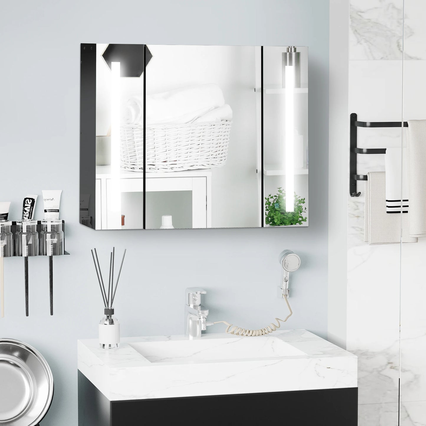 Led Medicine Cabinet Wall-Mounted Bathroom 3 Mirrored Door High Gloss Black