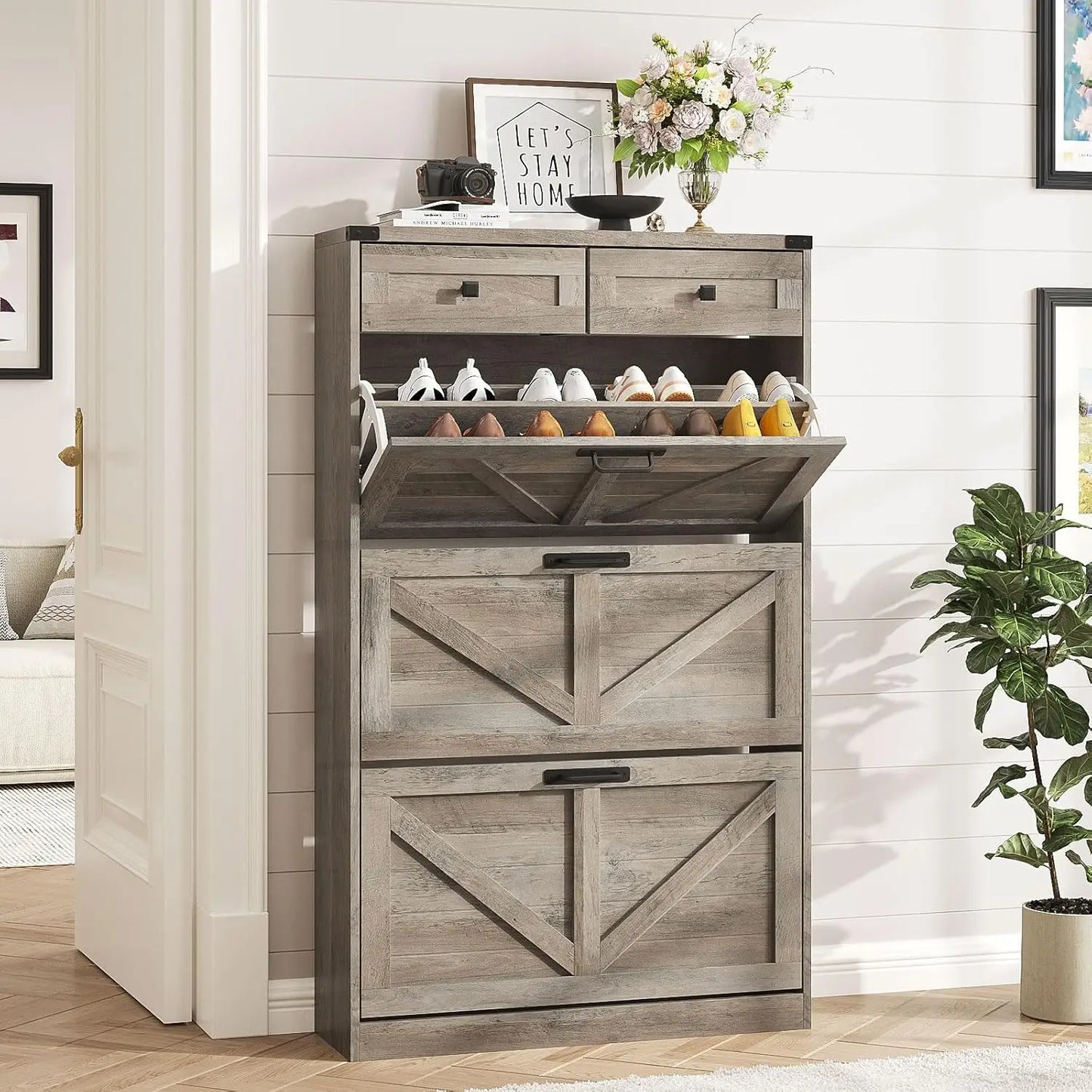 Shoe Cabinet with 3 Flip Drawers & 2 Drawers,Freestanding Shoe Storage Cabinet for Entryway,Farmhouse Narrow Slim, Custom