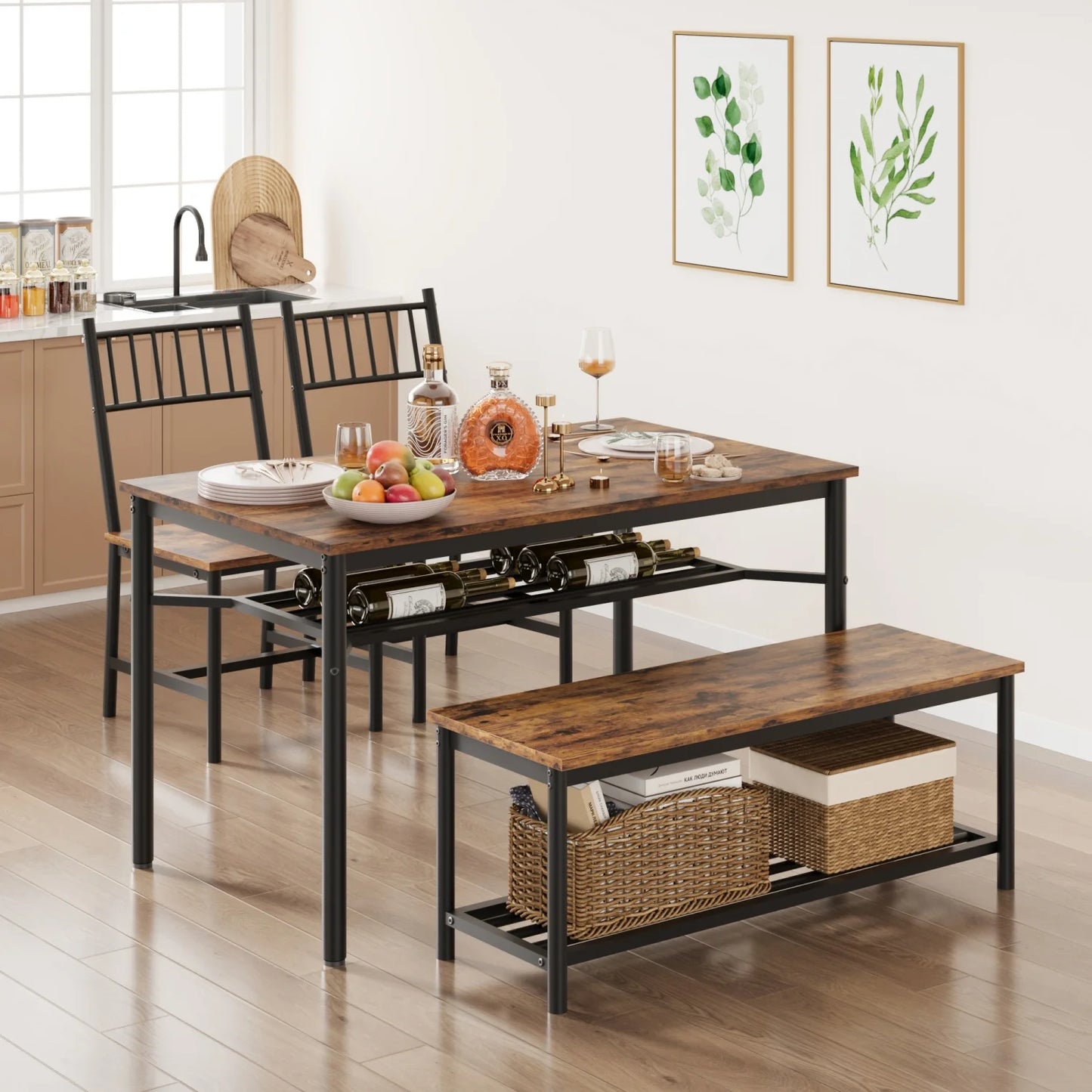 4 Piece Dining Table Set with Chairs and Storage Bench –Kitchen Table with Wine Rack –Metal Frame –Dining Table and Chairs for 4
