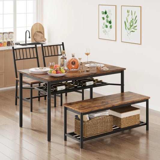 4 Piece Dining Table Set with Chairs and Storage Bench –Kitchen Table with Wine Rack –Metal Frame –Dining Table and Chairs for 4