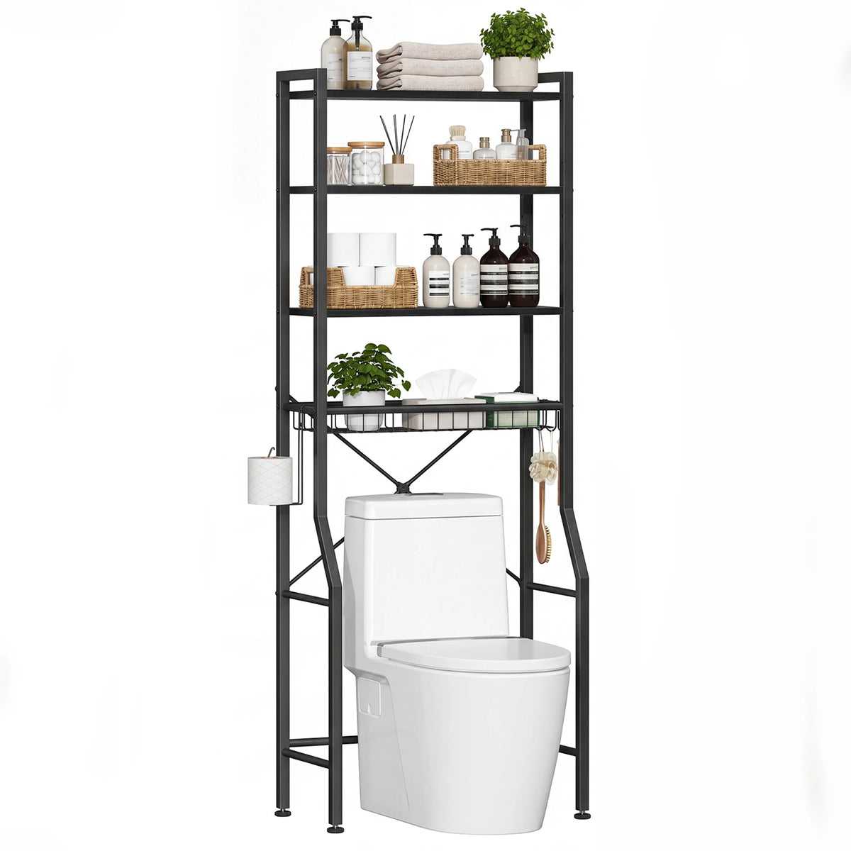 JHK 4-Tier Freestanding Bathroom Organizer Shelf Over Toilets with Adjustable Storage Rack Shelf and Basket Space Saver Above Toilet Storage Cabinet with 3 Hooks for Rooms