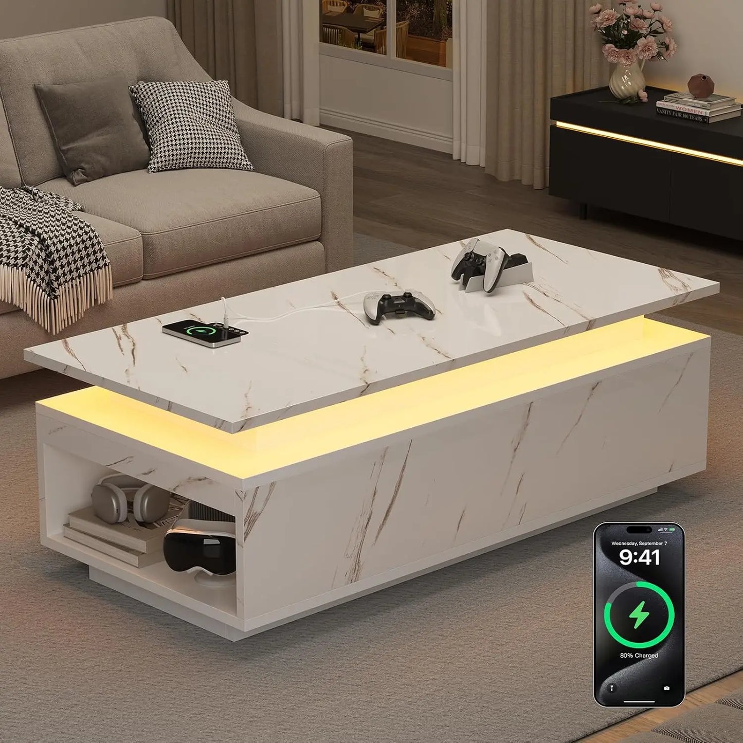 LED Coffee Table With Wireless Charging And Bluetooth Speaker Storage