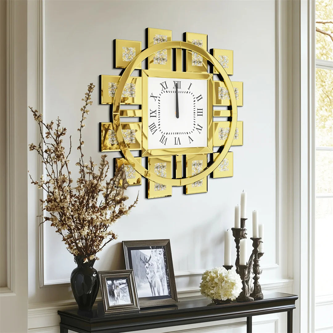 60CM Decorative Wall Clock with Silver/ Golden Crystal Crushed Diamond Inlay Battery Operated