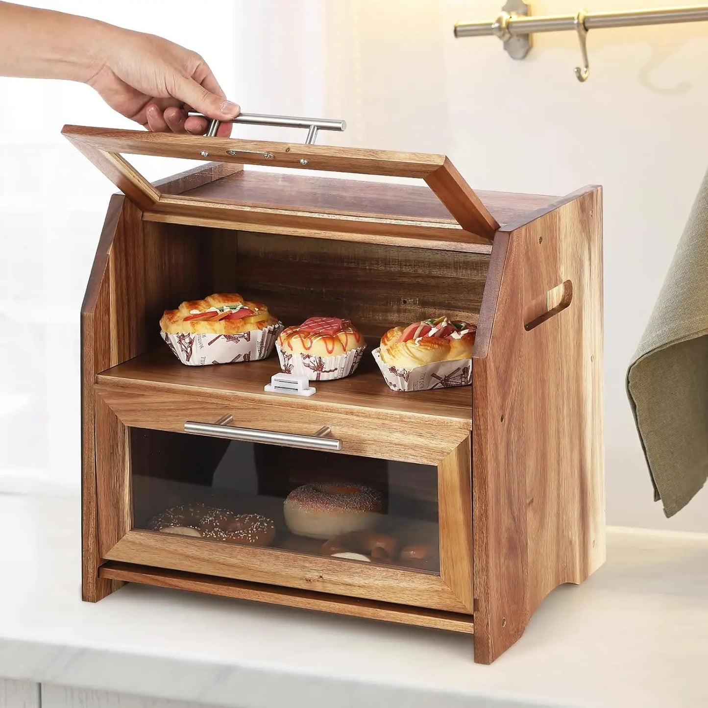 2 Layer Bread Box with Clear Windows, Wooden Bread Storage Container, Kitchen Countertop Bread Holder for Bread,Bagels and Rolls