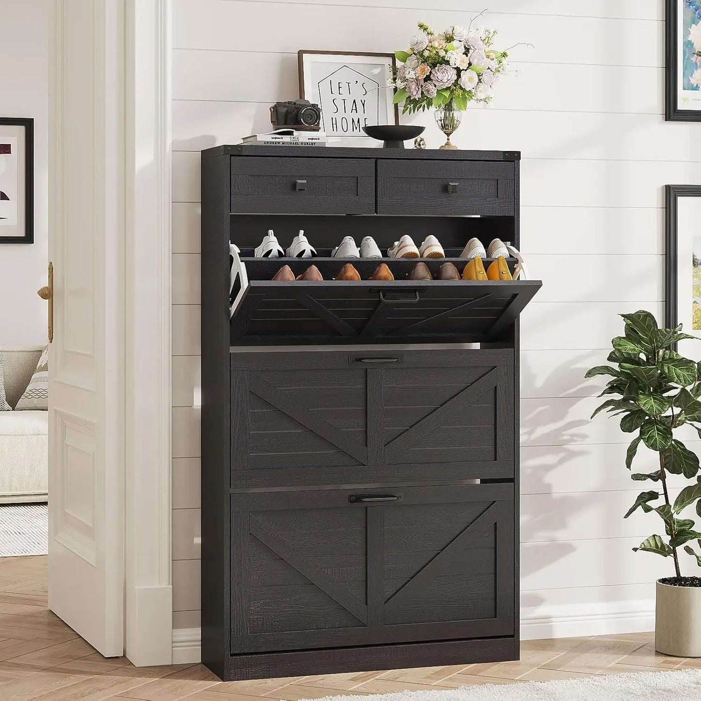 Shoe Cabinet with 3 Flip Drawers & 2 Drawers,Freestanding Shoe Storage Cabinet for Entryway,Farmhouse Narrow Slim, Custom