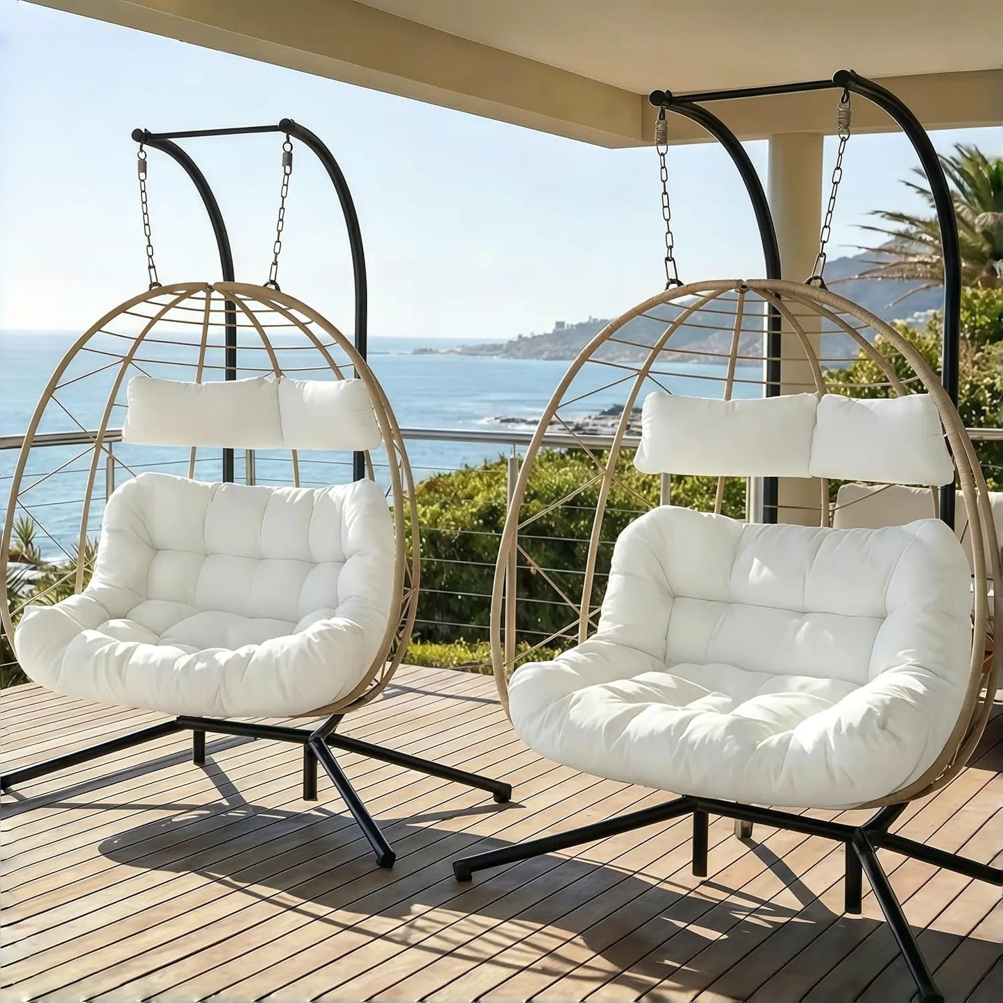 Set of 2 Wicker Hanging Egg Chairs with Stand, 700 lb Capacity, Indoor/Outdoor Double Egg Swing Hammock Chairs for, Custom