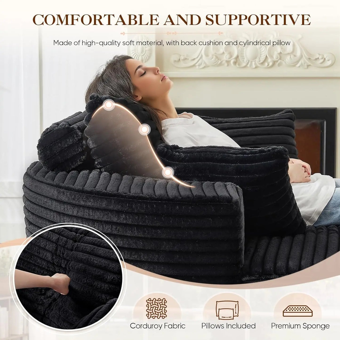 Oversized Round Chaise Longue Chair Indoor, Modern 55-inch Upholstered Corduroy Deep Seat Circle Single Cloud Lounge, Custom