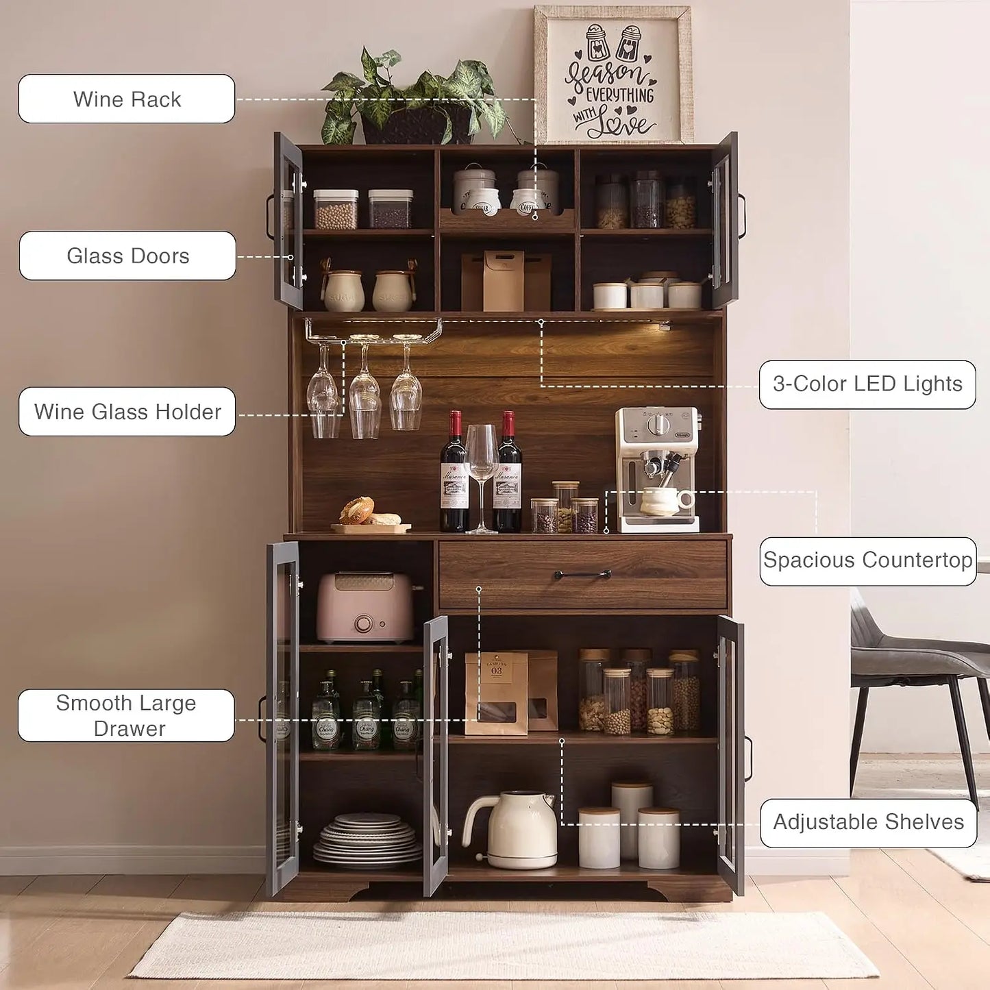 71" Tall Pantry Cabinet with Glass Doors, Kitchen Hutch Storage Cabinet, Coffee Bar & Liquor Cabinet with Charging, Customized