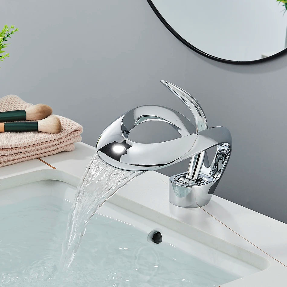 Uythner Luxury Creative Waterfall Basin Faucet Single Handle Deck Mount Basin Tap Black Brass Bath Hot Cold Water Vanity Tap