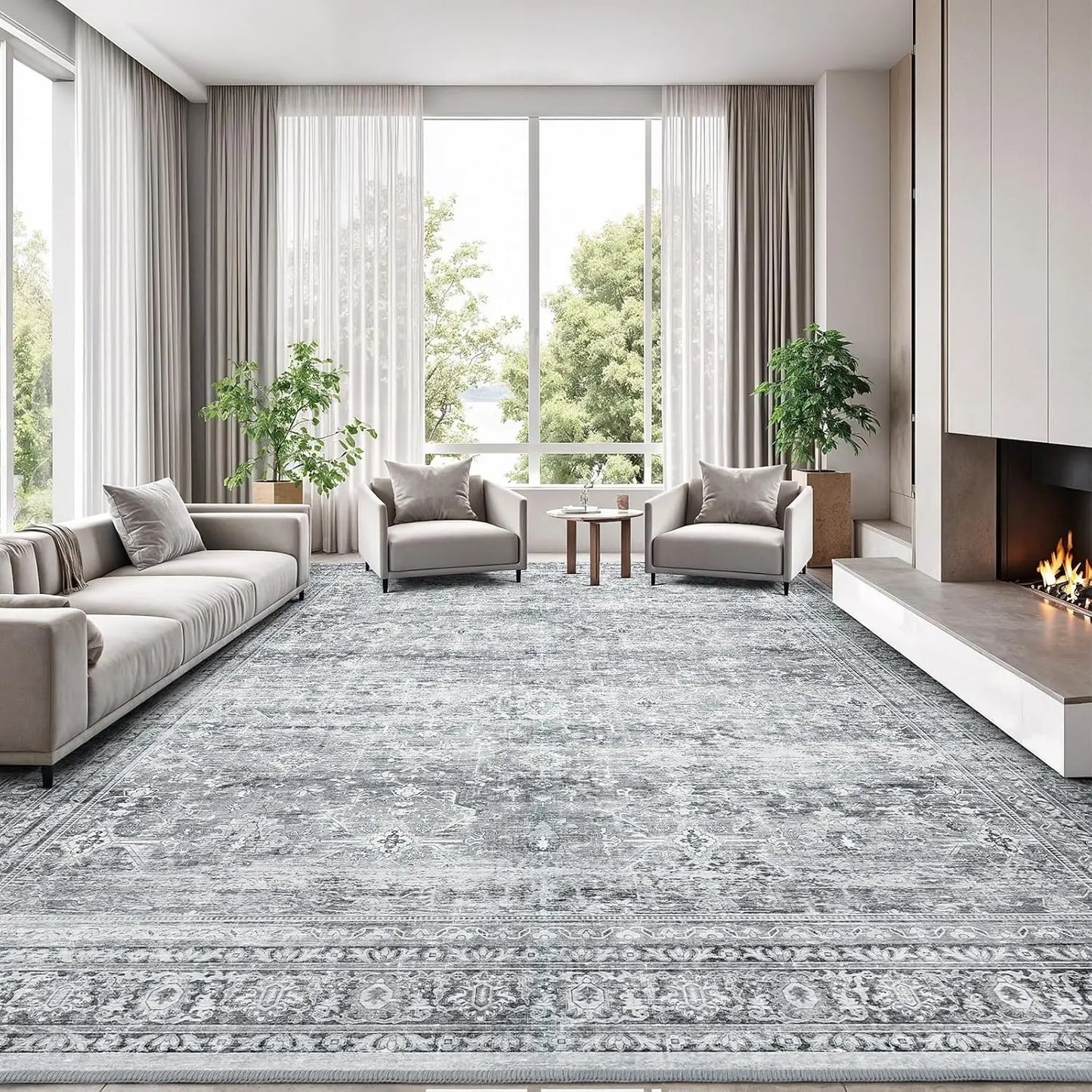 Soft Floral Wool Silk Washable Area Rug With Non-Slip Backing
