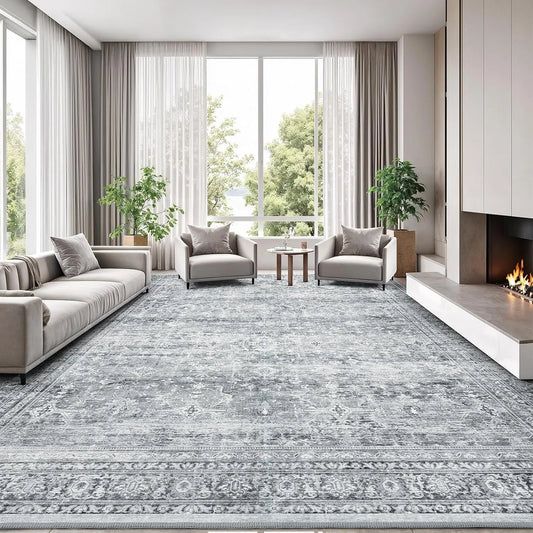 Soft Floral Wool Silk Washable Area Rug With Non-Slip Backing