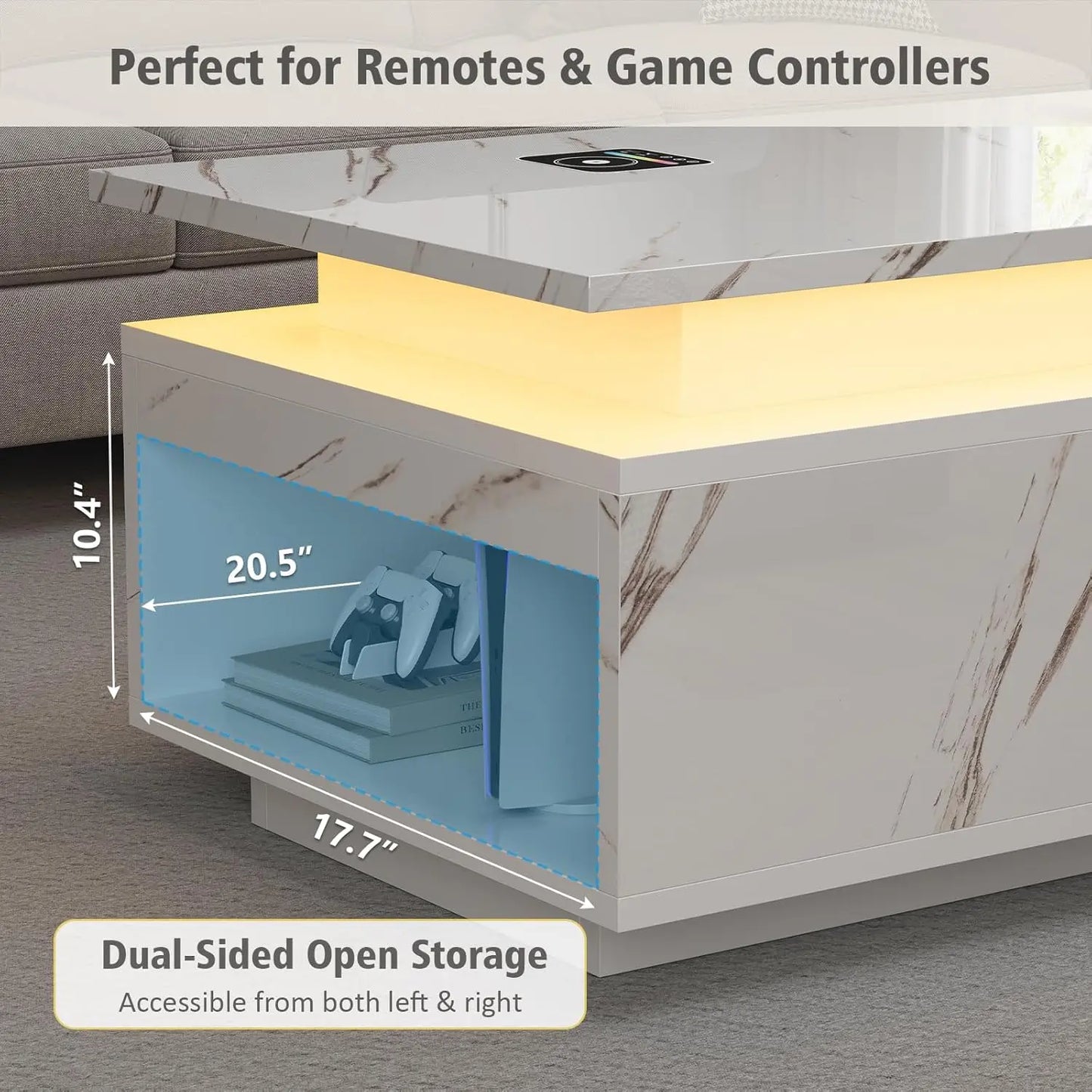 LED Coffee Table With Wireless Charging And Bluetooth Speaker Storage
