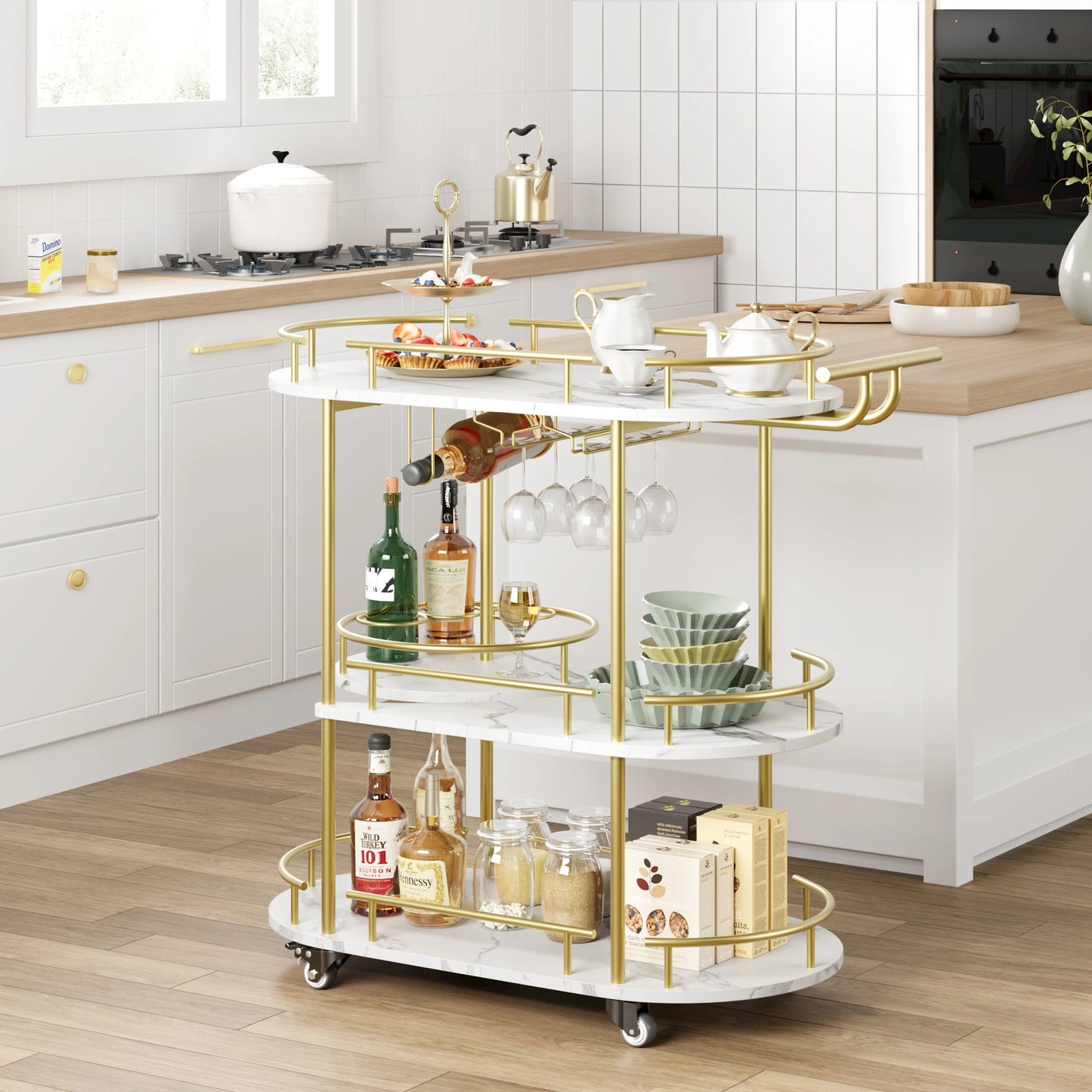 TWISTER.CK Bar Cart 4-Tier Mobile Serving Cart With Wine Rack