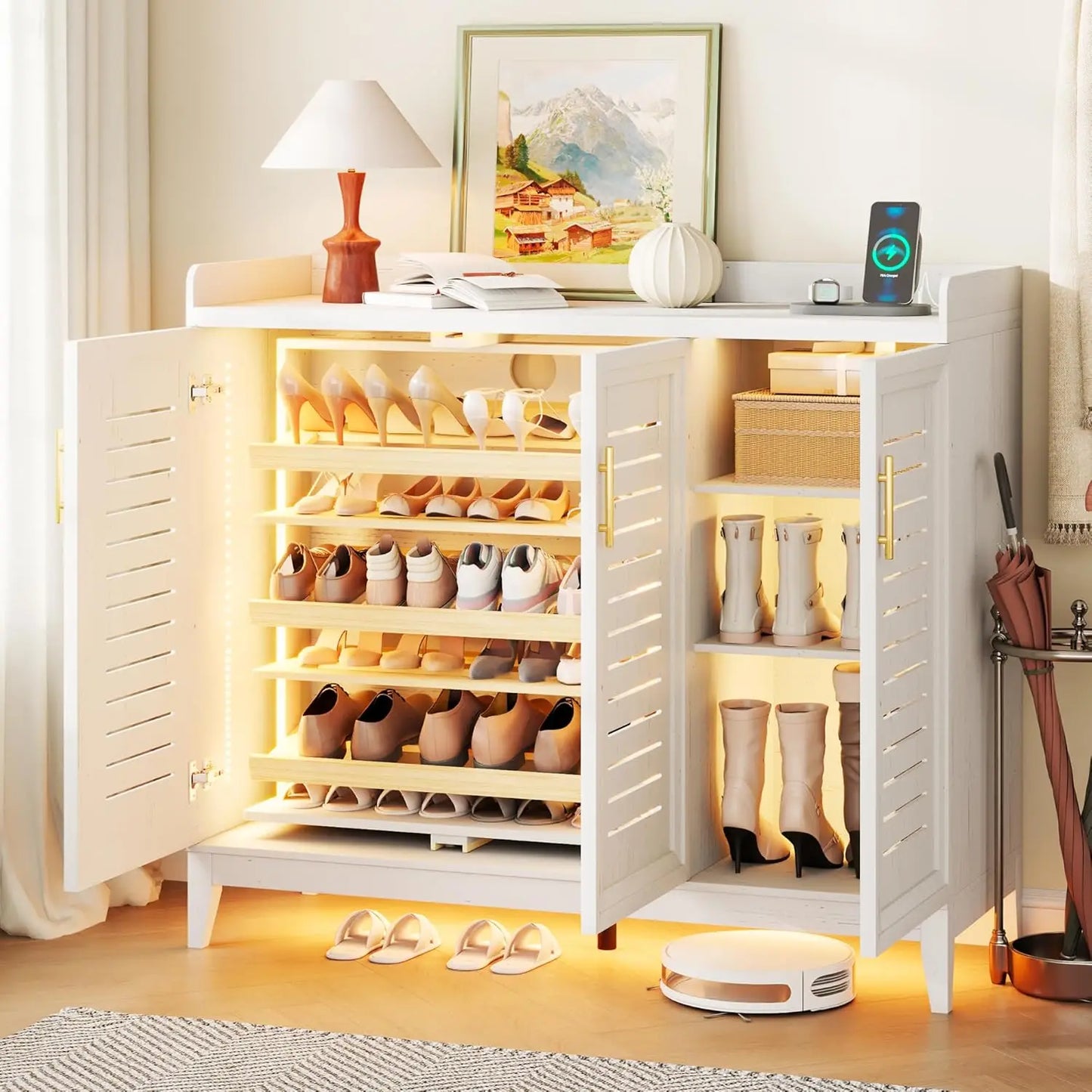 6 Tier Shoe Storage Cabinet with Shutter Doors and Adjustable Shelves, Rotating Shoe Organizer Cabinet with Human, Custom