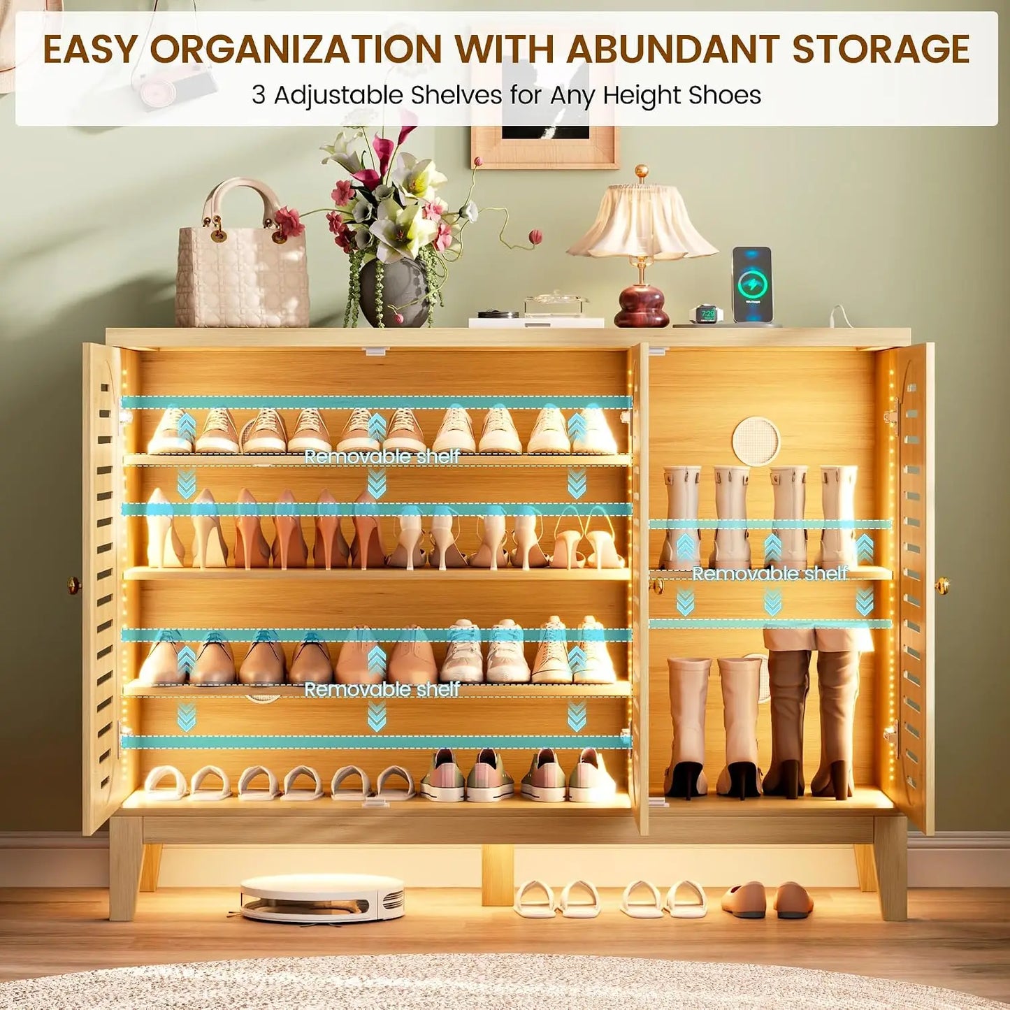 Shoe Cabinet with 3 Doors, Narrow Wooden Shoe Cabinet, Hidden Shoe Storage for Entryway, Foyer, Hallway (Brown C), Custom