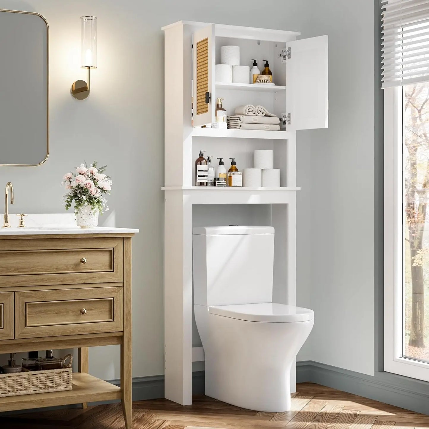 Farmhouse Over Toilet Storage Cabinet With Rattan Doors