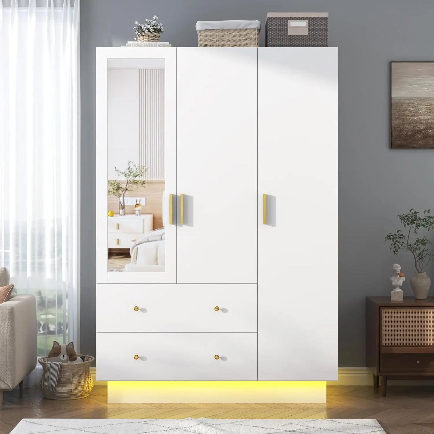 3 Doors Armoire Wardrobe Closet with Mirror, LED Armoire with Doors and Drawers, Wooden Wardrobe Storage Cabinet with, Custom
