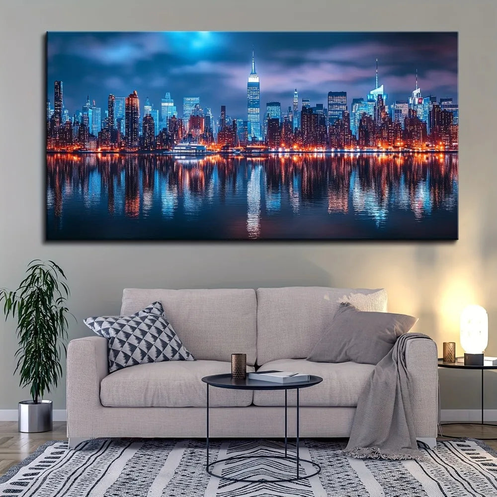 1.5 inch thick pine solid wood frame, New York night scene painting, reflections of tall buildings, interior decoration