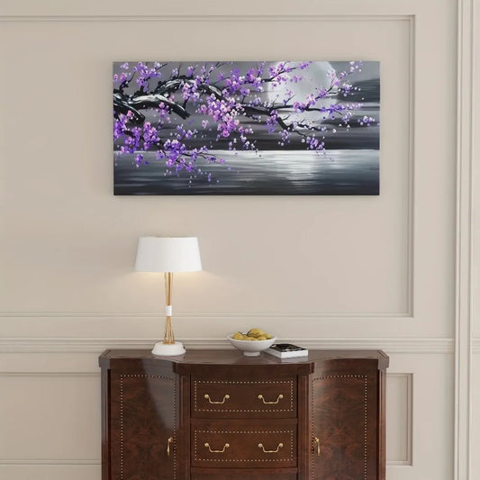Modern abstract 1 1.5-inch thick pine wood frame large mural, purple flower and full moon design, interior decoration