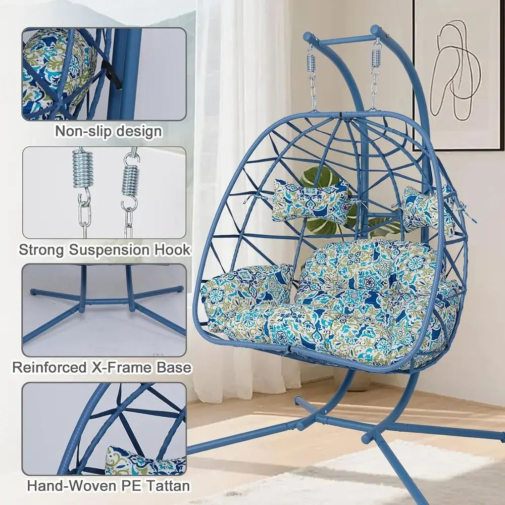 2 Person Double Hanging Egg Chair, Oversized Wicker Rattan Loveseat Swing Chair, Heavy Duty 600lbs acity, oldable Basket Hammock