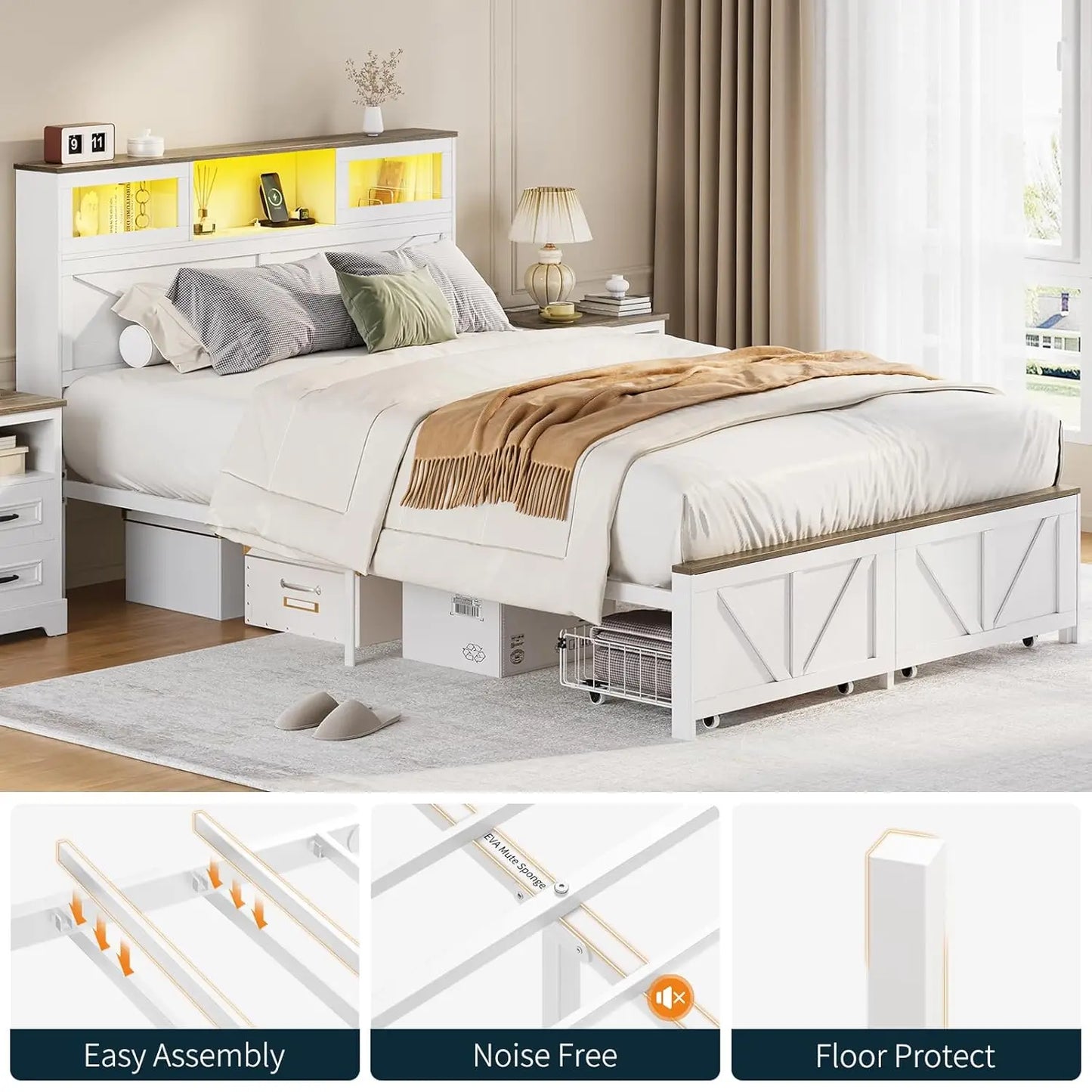 Full Size Bed Frame with Headboard, Full Bed Frame with Charging Station, LED Beds with 2 Storage Drawers, Wood Farmhouse Bedfra