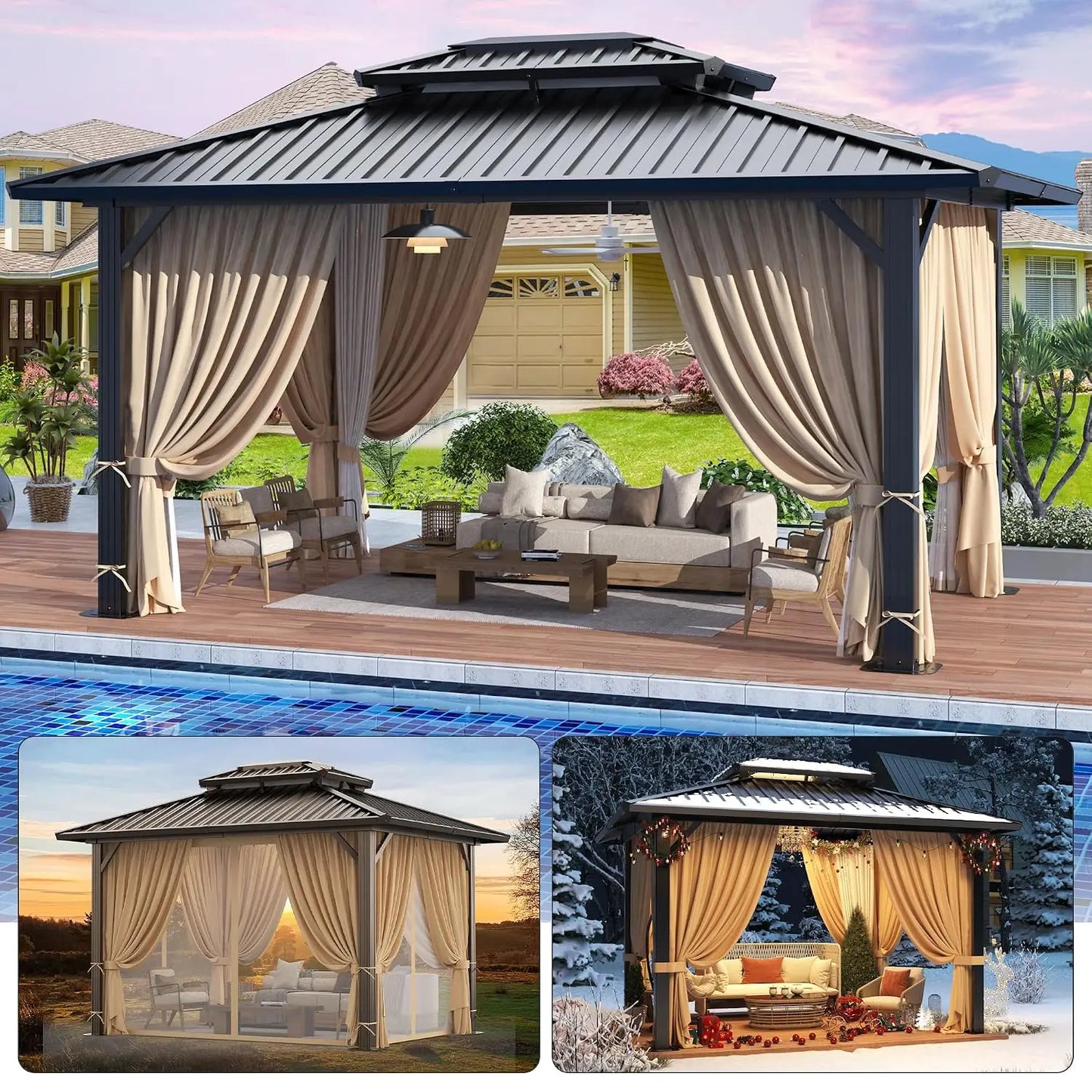 10x15 Hardtop Gazebo with Flame-Retardant Curtain & Netting, Hot Tub Gazebo with Galvanized Steel Double Roof, Heavy, Custom
