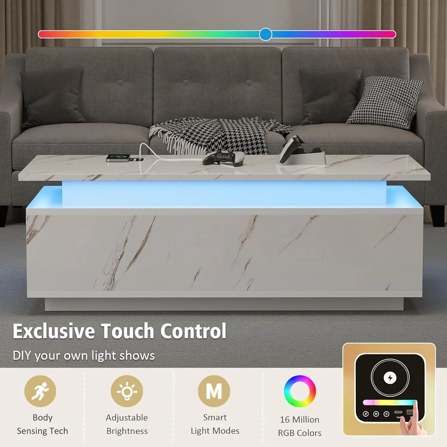 LED Coffee Table With Wireless Charging And Bluetooth Speaker Storage