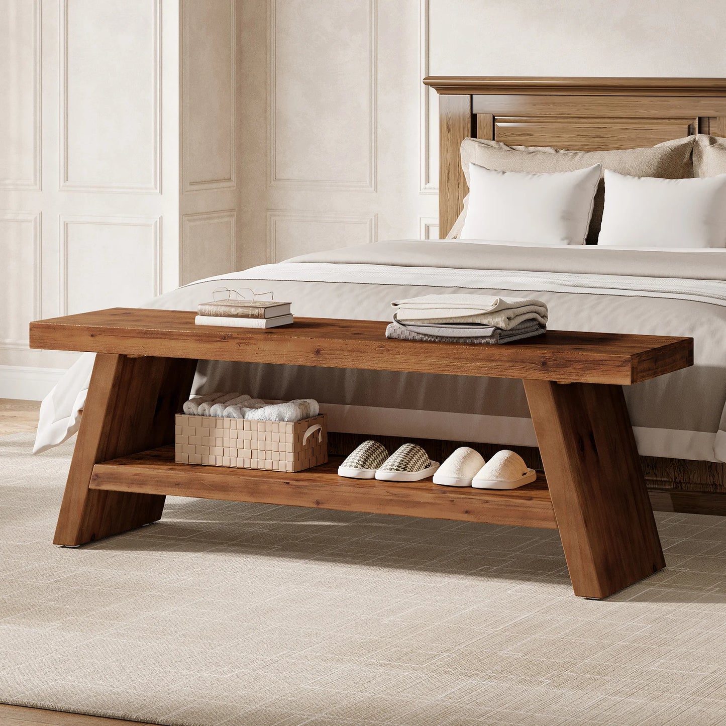 Tribesigns Two Tier Solid Wood Entryway Storage Bench