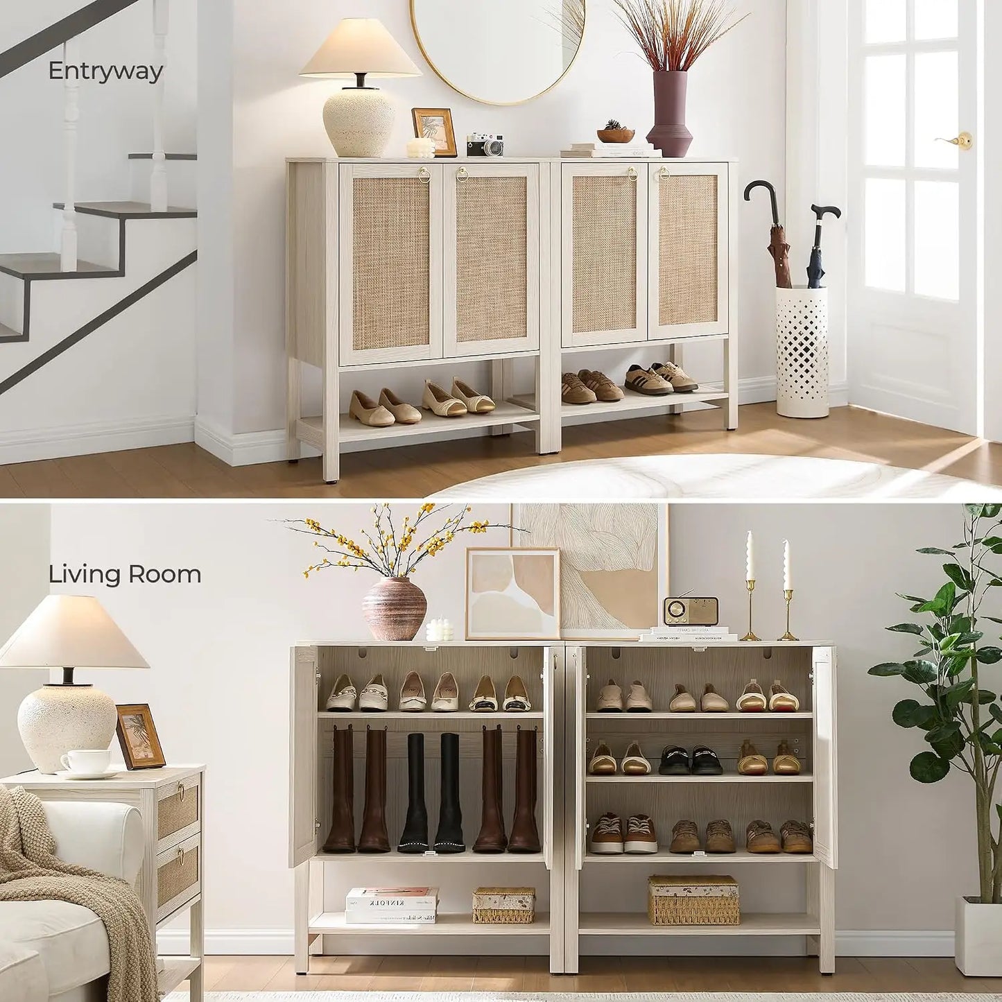 Shoe Storage Cabinet for Entryway - 5 Tier Rattan Entry Shoe Organizer Cabinet with Shelves & Doors, 2 Pieces, Customized
