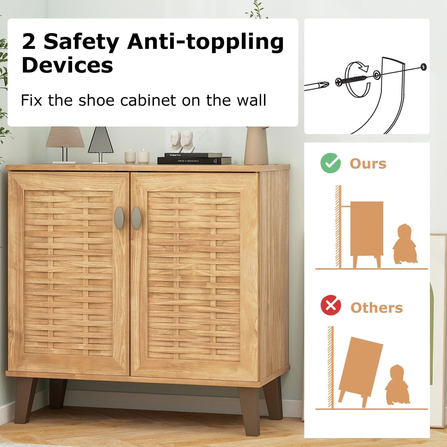 2-Door Shoe Cabinet w/ Ventilated Woven Doors & 3 Removable Shelves for Entryway